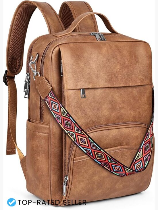 Handbags - Leather Laptop Backpack 15.6 Inch Daypack with Tech Organizer Travel Work Bag
